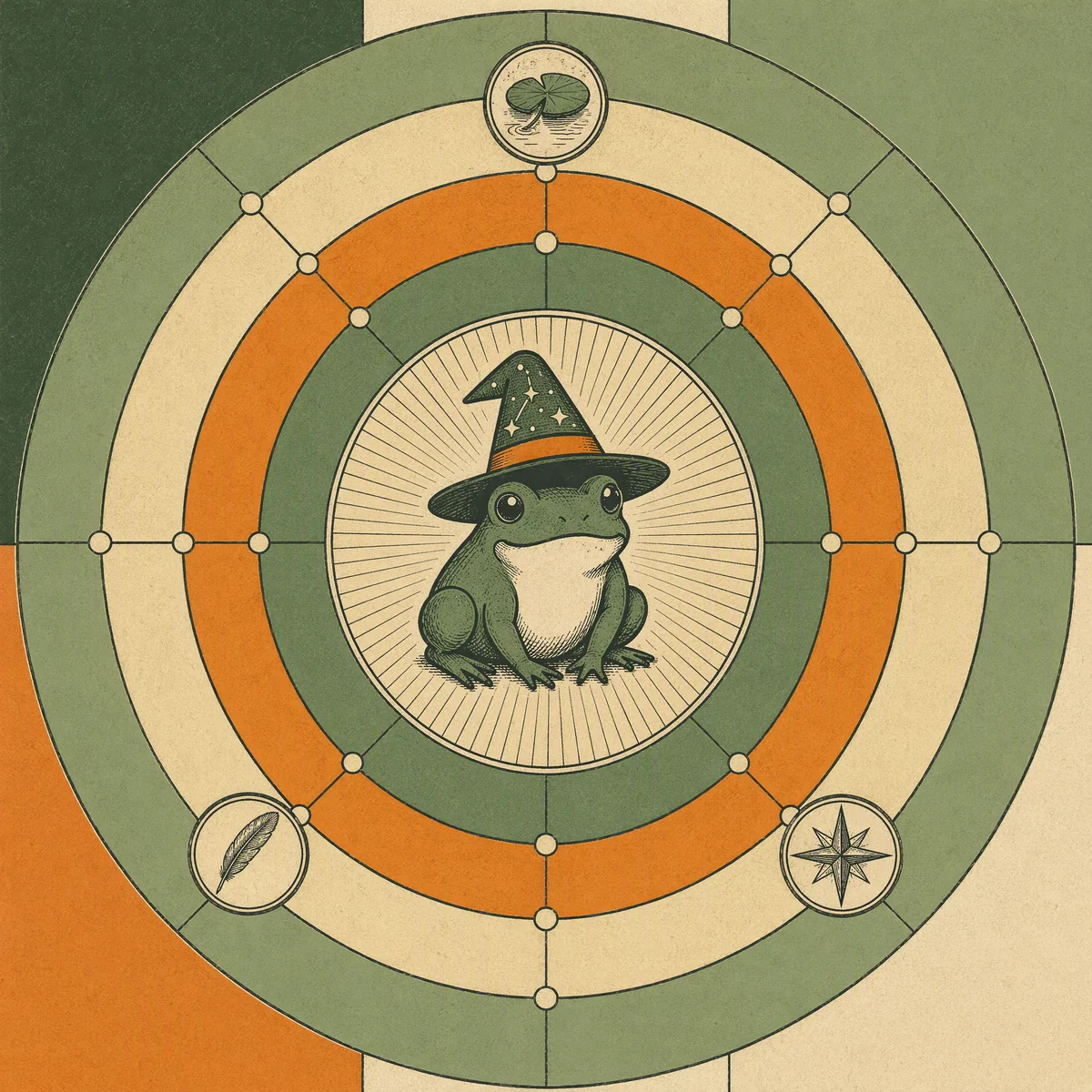The Hoplet wizard frog at the centre of a printed production diagram