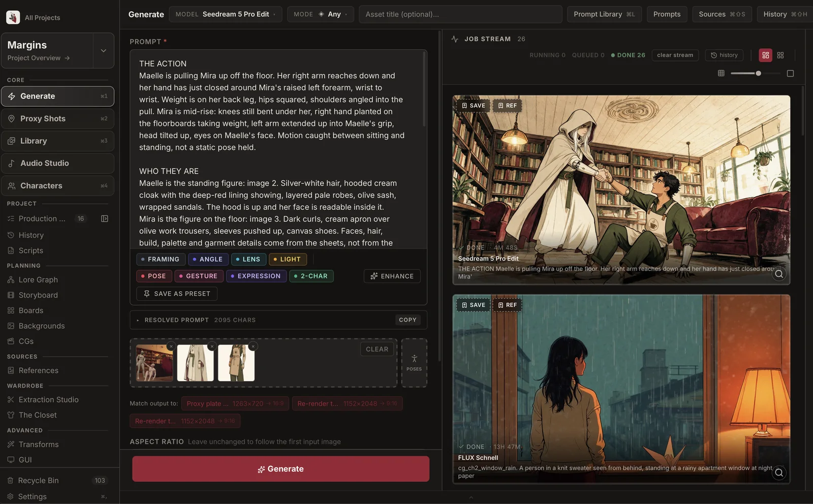 The generate surface: the written shot on the left, its input images attached, and the finished illustration in the job stream on the right