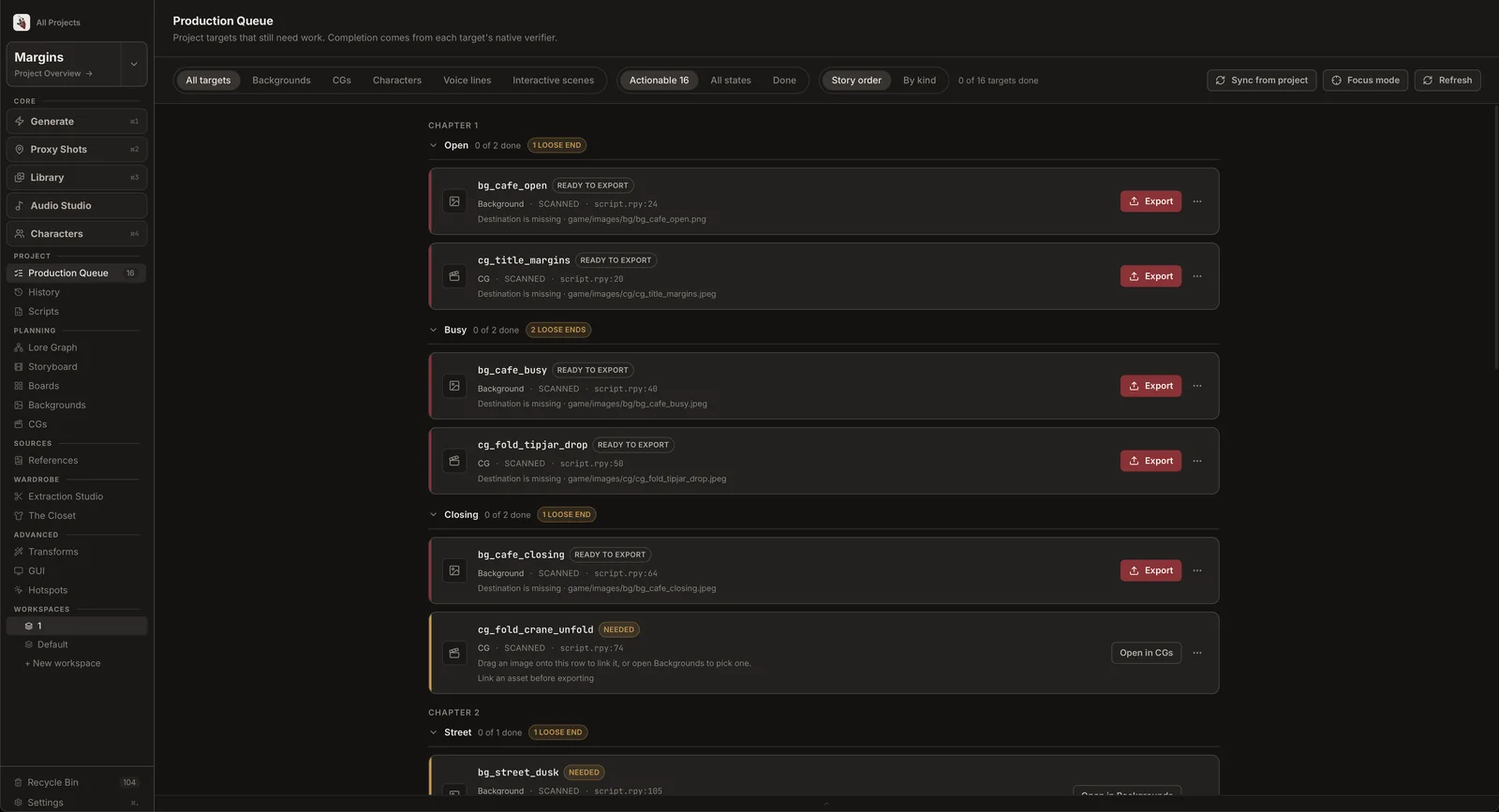 The production queue: every target the script needs, grouped by chapter and scene, each row showing its kind, its source line and whether it is ready to export