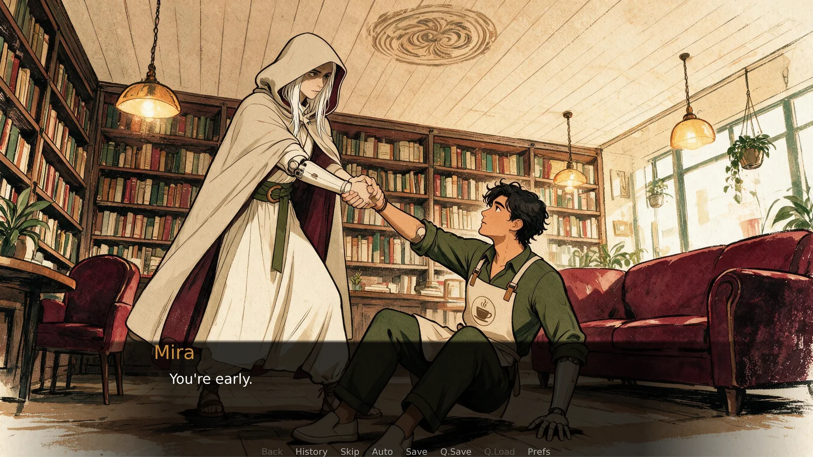 Margins running in Ren'Py: the library CG with Maelle pulling Mira up, and the say window over it